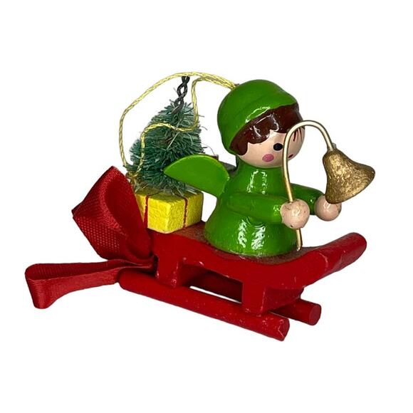 Vintage Wooden Angel on a Sled With a Bell Tree and Gifts Christmas Ornament - Picture 5 of 8